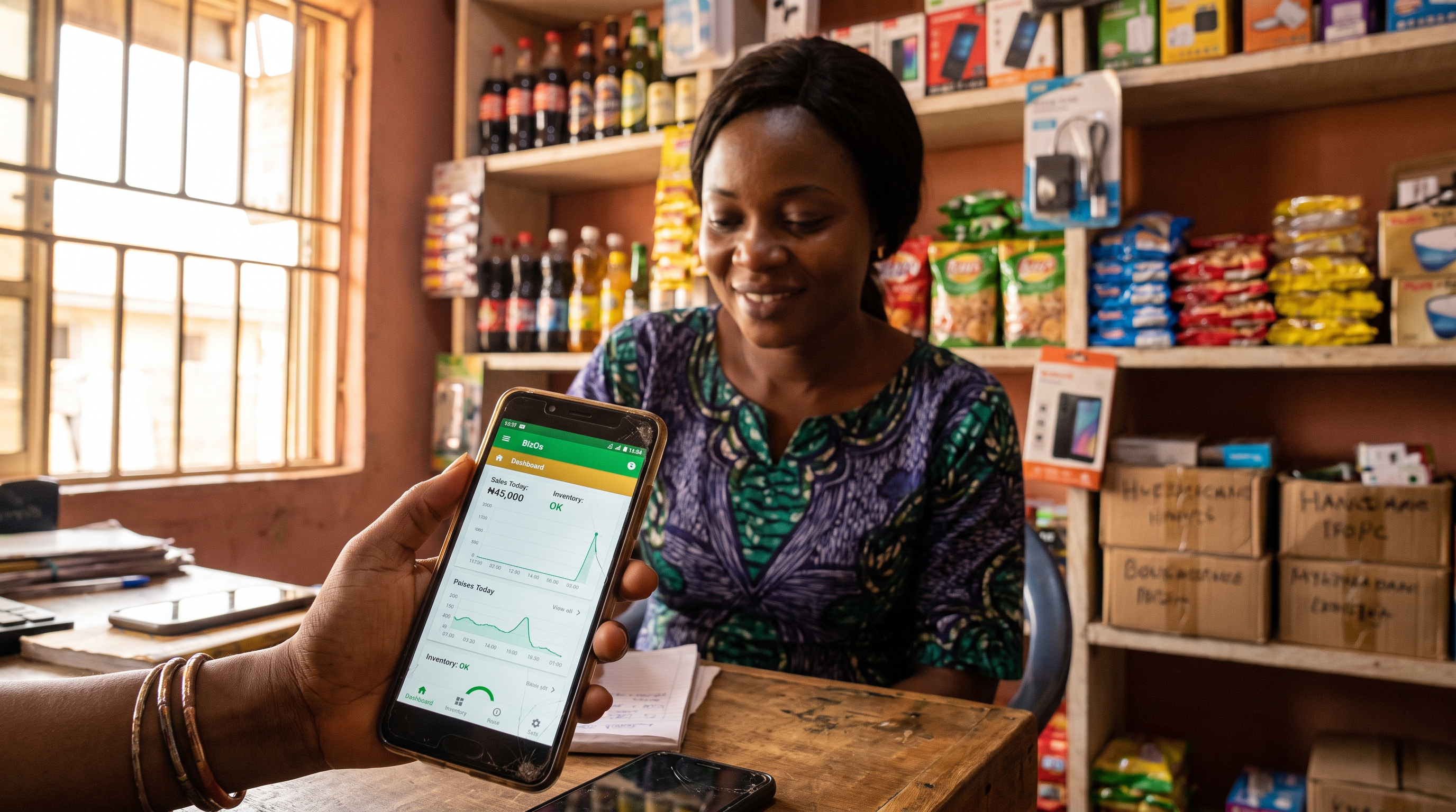 A Nigerian business owner at her shop counter using BizOs on her phone
